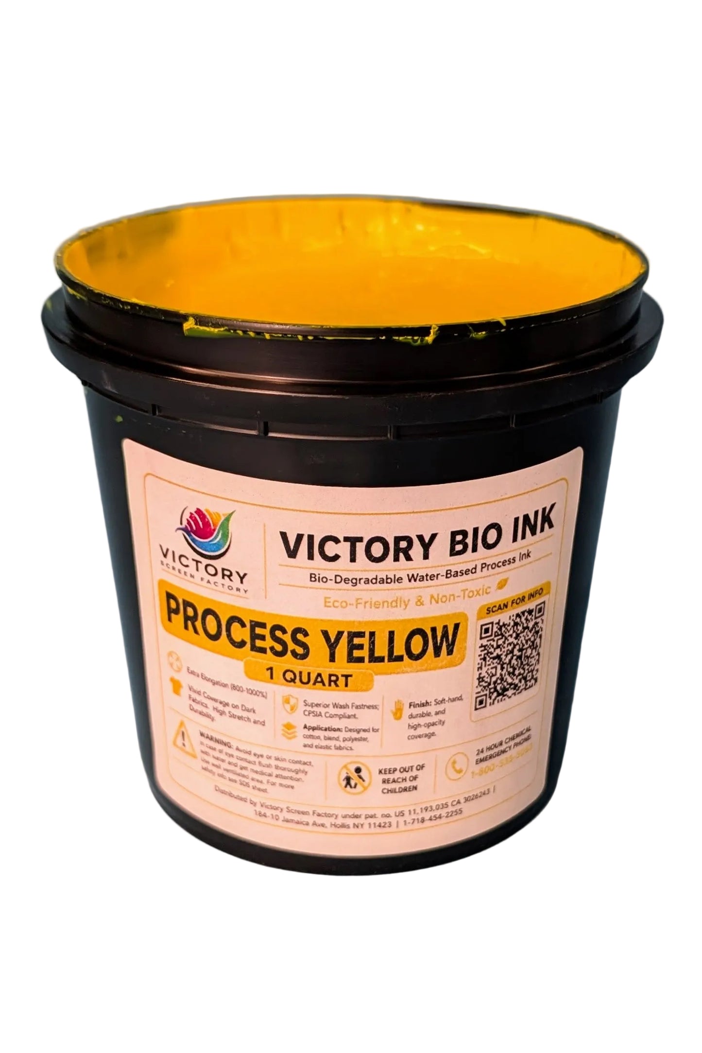 A 1 quart bucket of Victory Bio Ink Process Yellow water-based pigment ink, featuring a black plastic tub with a bright yellow interior and a white label.