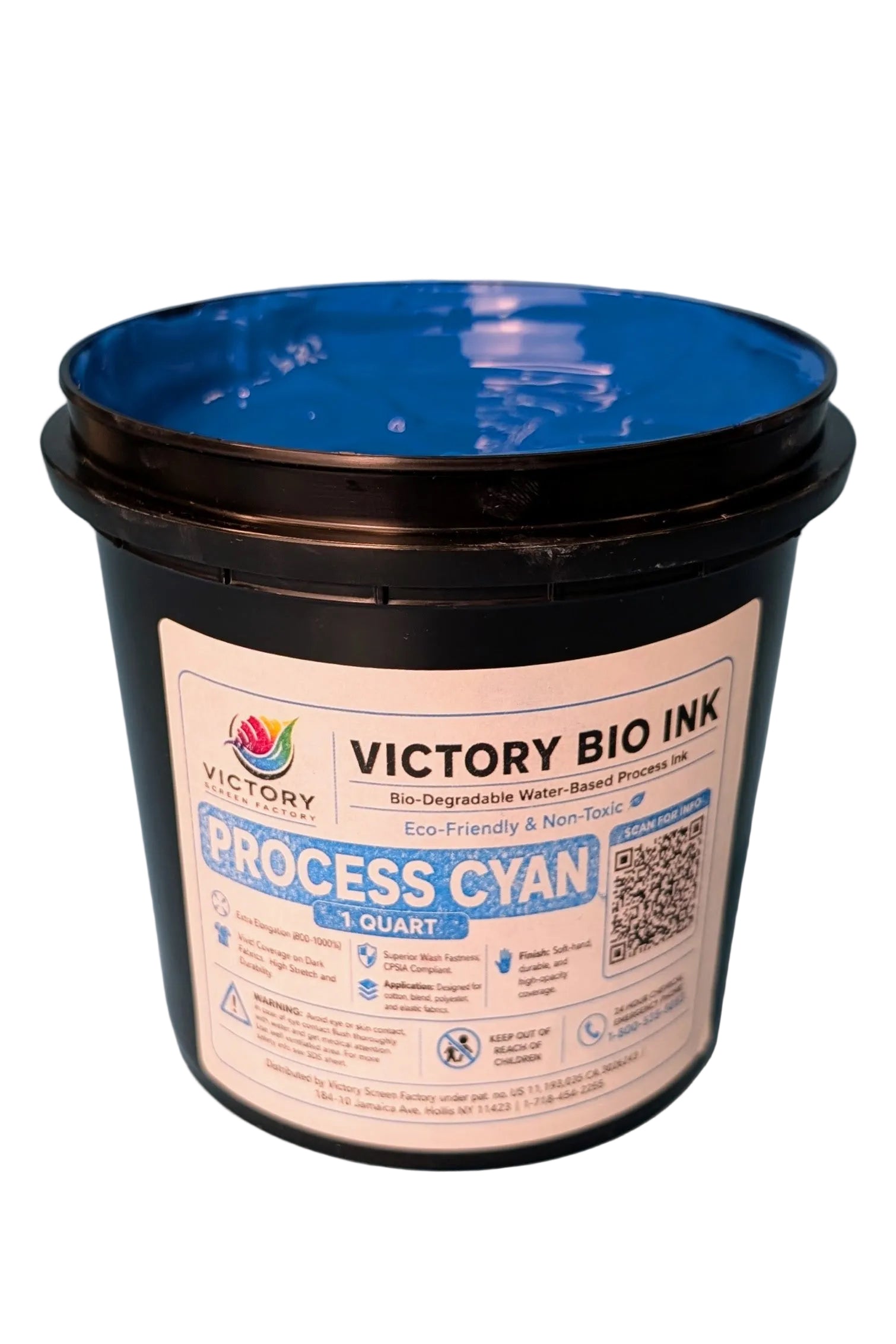 A 1-quart bucket of Victory Bio Ink Process Cyan water-based bio-degradable ink, featuring a black plastic container with a blue interior and a white label.