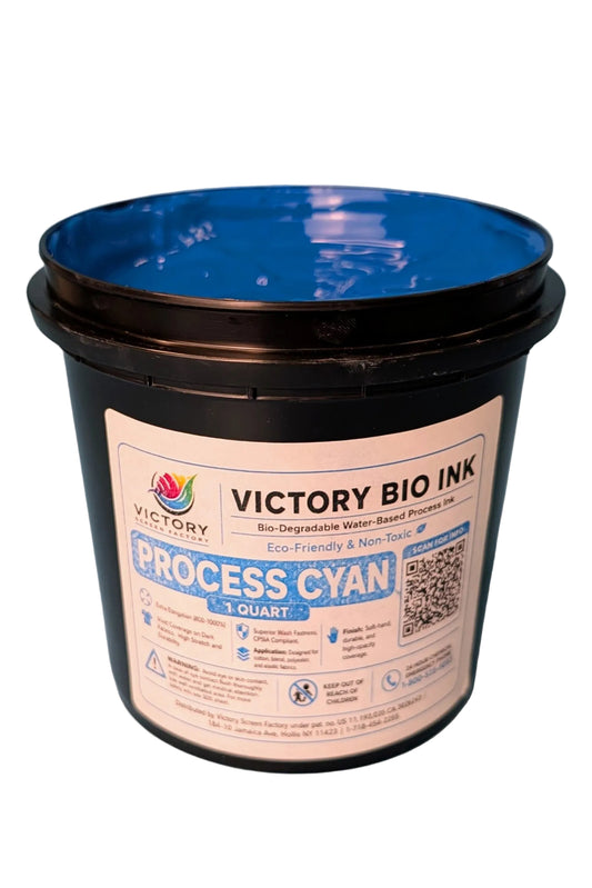 A 1-quart bucket of Victory Bio Ink Process Cyan water-based bio-degradable ink, featuring a black plastic container with a blue interior and a white label.