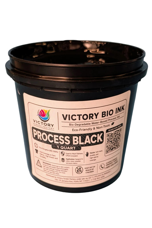 A black plastic bucket of Victory Bio Ink Process Black, 1 Quart, with a white label, set against a solid light blue background.